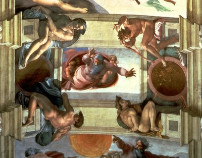 Sixtinische Kapelle Decke: Gott trennt das Land vom Meer, mit vier Ignudi, 1510 (nach der Restaurierung) von Michelangelo Buonarroti